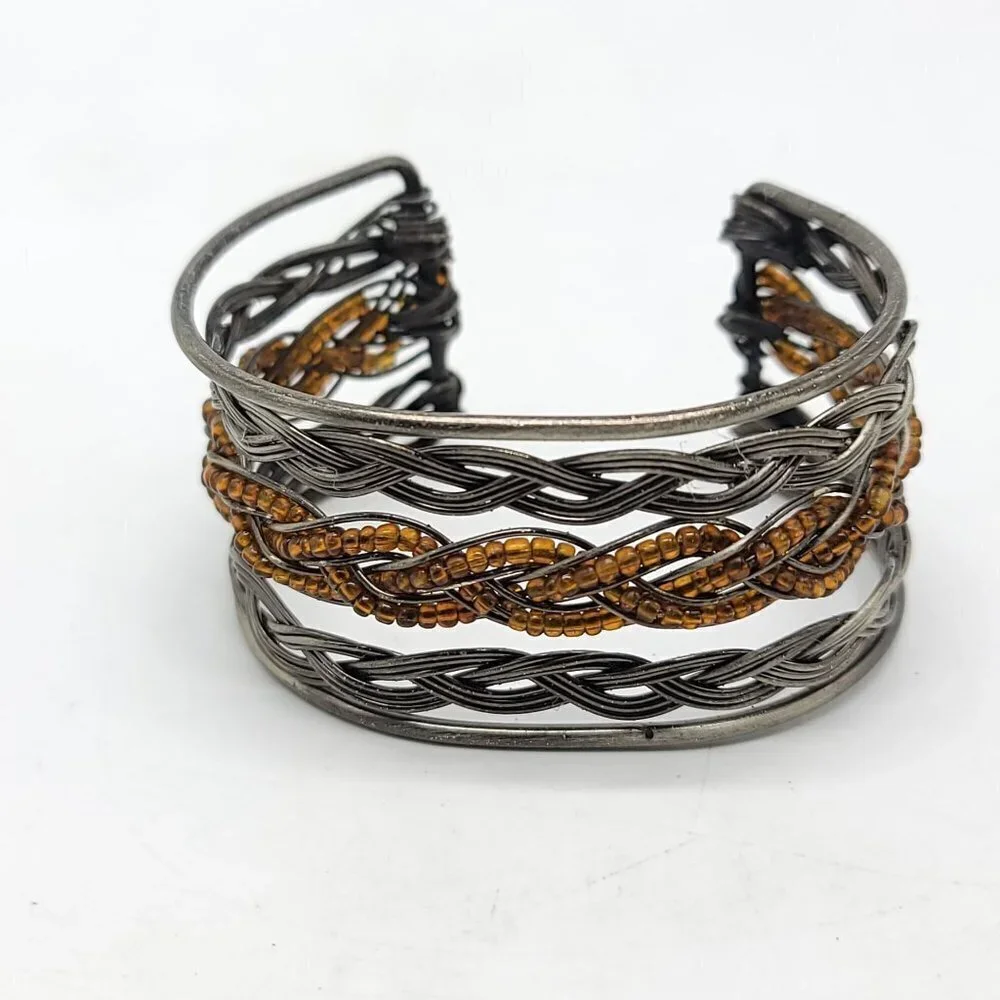 Silver Tone Wire and Amber Bead Braided Bracelet Cuff Vintage